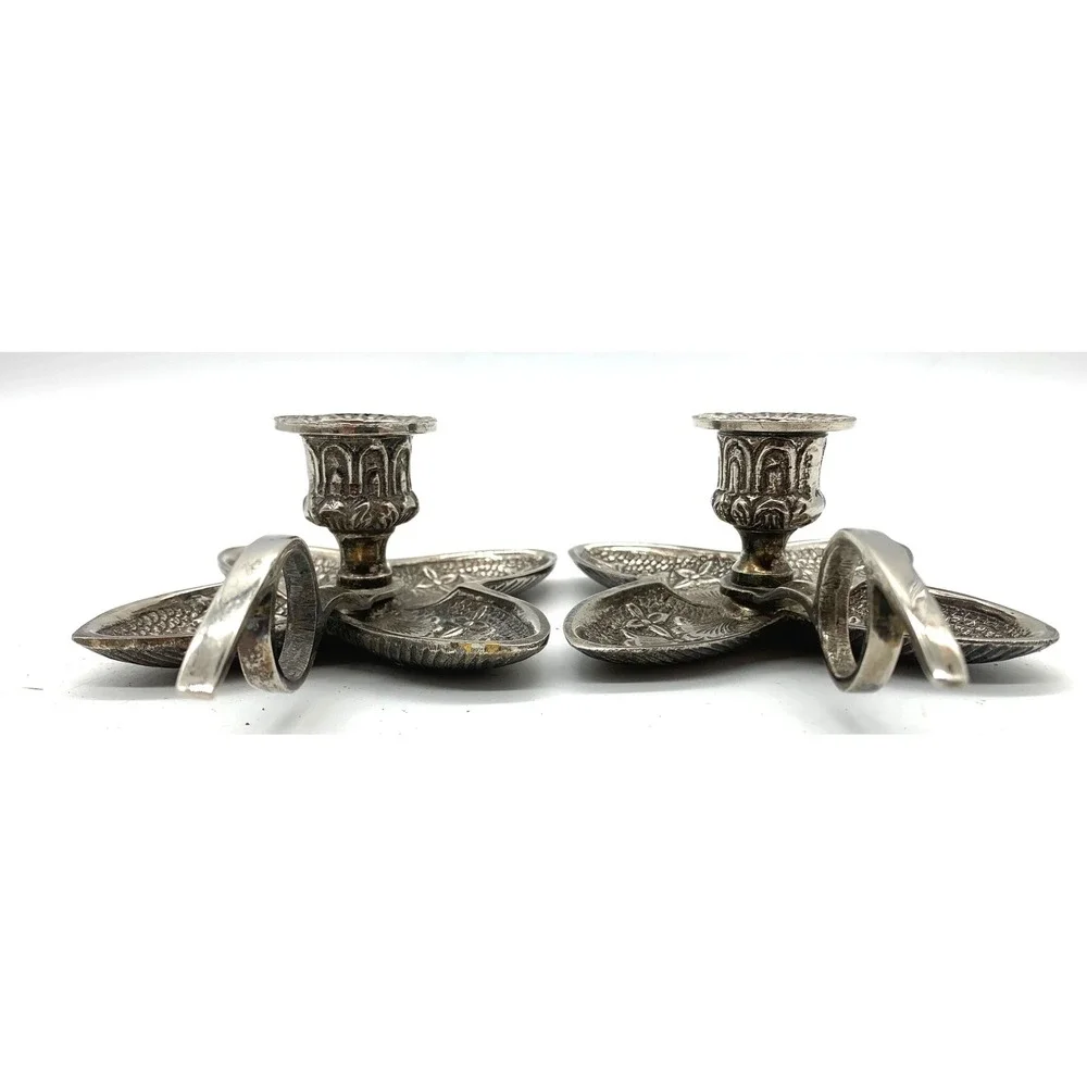 Vintage Silver Flower Chamberstick Candle Holder Pair Hollywood Regency Taper